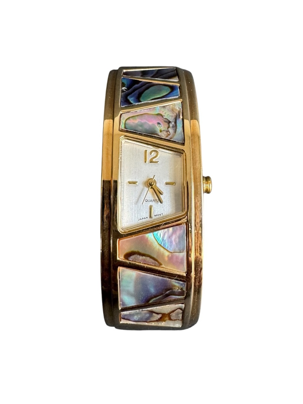 Vintage Gold Tone Abalone Inlay Bangle Watch Bracelet 90s Y2K Chunky Geometric